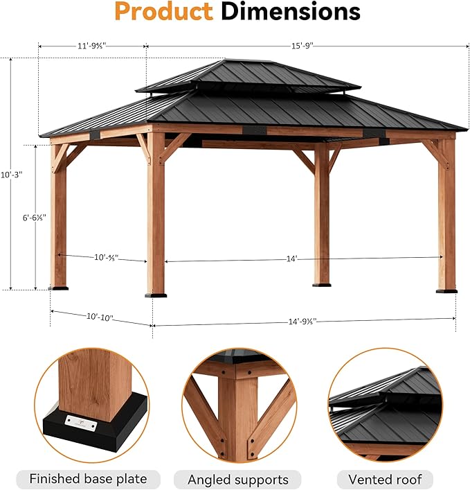 Modern Shade Rosewood Wood Gazebo 12' x 16', Cedar Framed Grill Gazebo with Double Galvanized Steel Roof, Permanent Hardtop Pavilion with Sturdy Hooks for Garden, Backyard, Patio, and Deck