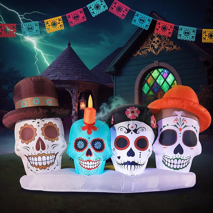 DomKom Halloween Inflatable Blow Up Decorations, Dia de Los Muertos 8FT Day of Dead Catrina Skulls, Built-in LEDs for Holiday Party, Garden, Lawn, Yard, Patio Décor