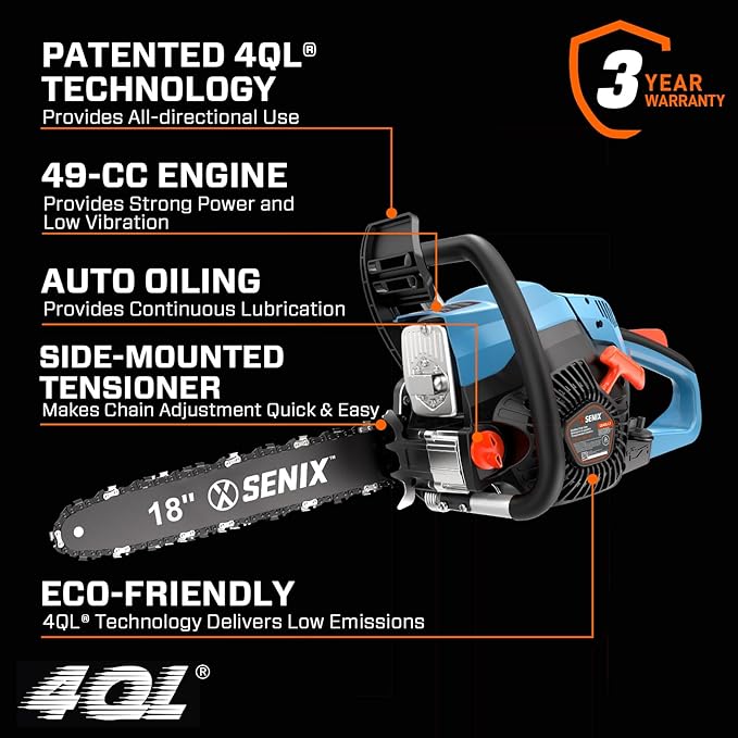 SENIX 18" Gas Chainsaw 49cc Gas Powered Chainsaws, Cordless Chain Saw for Wood Cutting and Tree Trimming, Loop Handle, CS4QL-L1