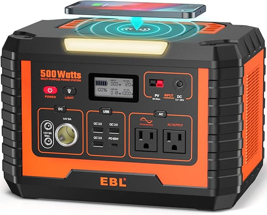 EBL Portable Power Station 500, 519.4Wh Outdoor Solar Generator with 110V/500W AC Outlet for Home Use, Emergency Backup, Camping