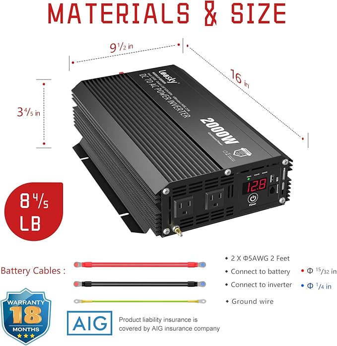 2000 Watt Power Inverter, 12V DC to 110V 120V AC Inverter, Car/Outdoor Home RV Truck Off-Grid Solar Power, Built-in UL Fuses, Compatible with Lithium Battery, 15FT Remote Controller, 2.4A USB Port