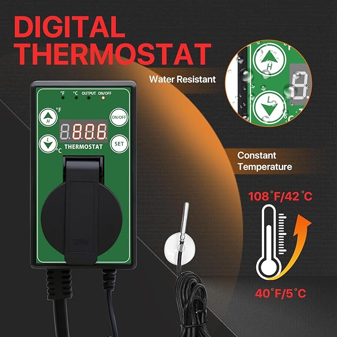 EAGLE PEAK 1500W Greenhouse Heater with Thermostat, Suitable for Greenhouse, Grow Tent, Garage, Cellar and RV Use, Water Resistant IPX 4 Rated, Overheat Protection, Radiant Heating, 1 Pack, Black