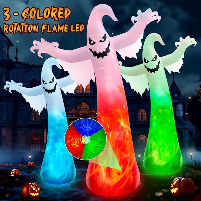 12FT Giant Halloween Inflatables Ghost with 3-Colored Flame Rotation LED Lights, Huge Spooky Halloween Decoration Outdoor Large Halloween Blow Up Yard Decorations Tall Blow-ups for Lawn Party (1PCS)