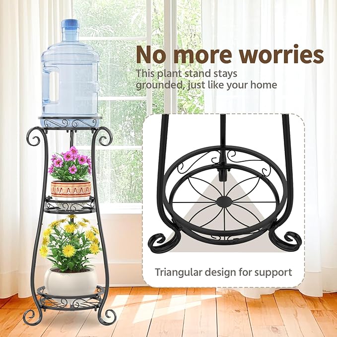 LASZOLA 3 Tier Black Metal Plant Stand for Multiple Large Planters Indoor Outdoor Organizer, Heavy Duty Tall Flower Stand for Corner Patio Bathroom Office, Modern Sturdy Vertical Iron Rack, Cat Proof