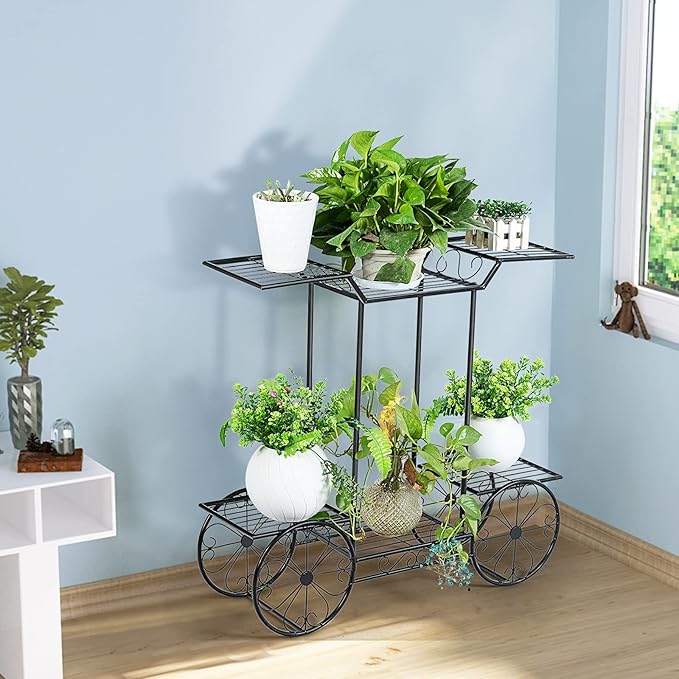 Safstar 6 Tiered Metal Plant Stand w/4 Decorative Wheels, Multilayer Flower Display Shelf for Home, Garden, Patio, Parisian Style Potted Plant Rack Holder