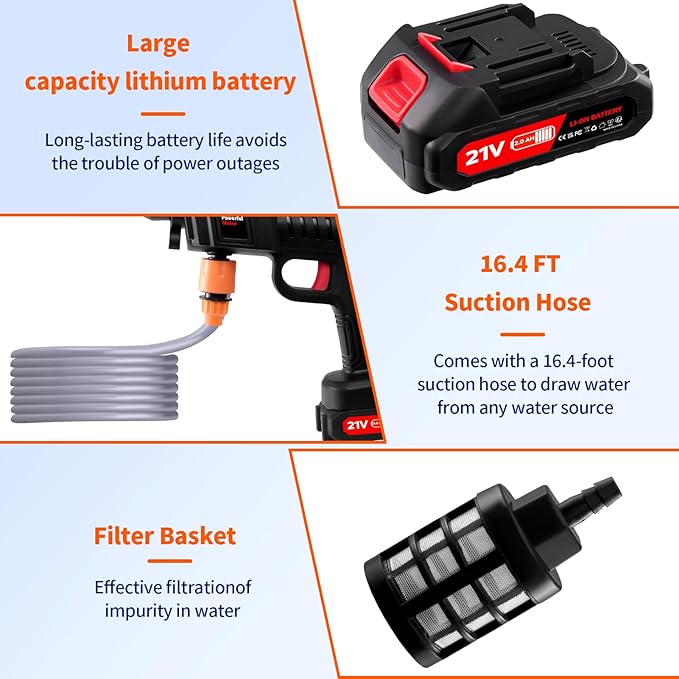 Hidrolavadora Portati, 1500W Cordless Pressure Washer Gun, 60Bar/870 PSI Cordless Portable Pressure Washer with 2 Battery, 2 Nozzles, 5m Hose Cordless Jet Washers, for Cars/Floors/Gardens