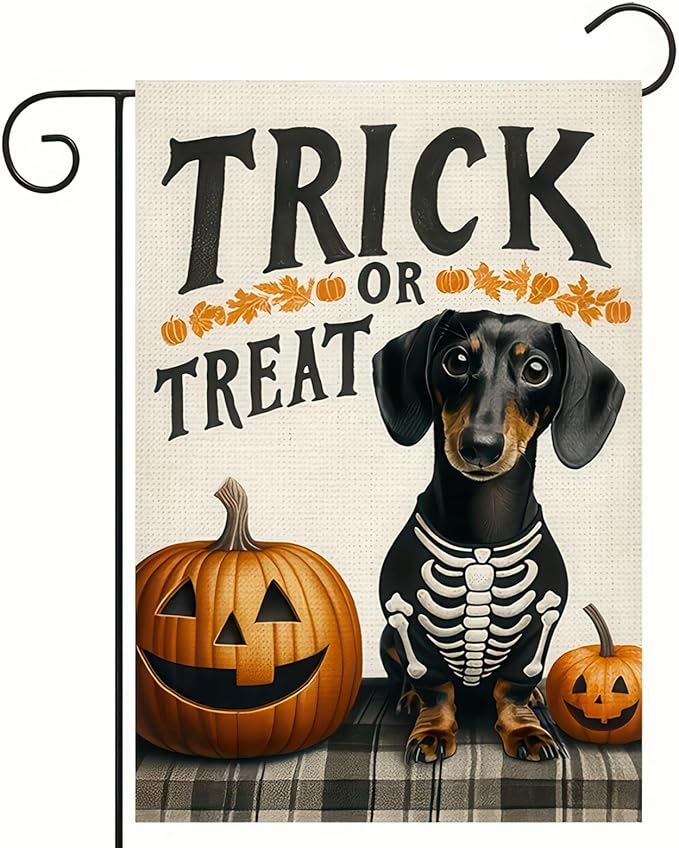 Halloween Garden Flag - Ghost Dog Trick or Treat 12x18 Double Sided Dachshund Flag for Home Yard Outdoor Skeleton Decorations