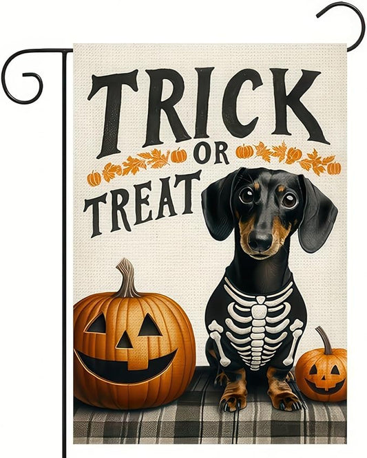 Halloween Garden Flag - Ghost Dog Trick or Treat 12x18 Double Sided Dachshund Flag for Home Yard Outdoor Skeleton Decorations