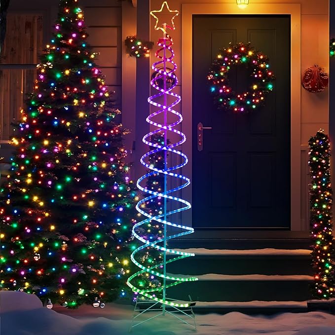 Double Spiral Christmas Tree Light Outdoor, Color Changing Remote Control Outdoor Light Up Christmas Tree with 8 Modes, 24V Plug&Play ETL Waterproof for Xmas Yard, RGB+IC, 7FT