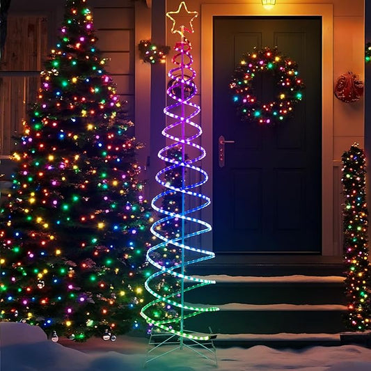 Double Spiral Christmas Tree Light Outdoor, Color Changing Remote Control Outdoor Light Up Christmas Tree with 8 Modes, 24V Plug&Play ETL Waterproof for Xmas Yard, RGB+IC, 7FT