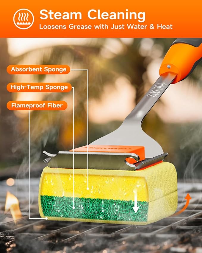 Grill Brush Bristle Free for Outdoor Grill, Steam Grill Cleaning Brush Replaceable Head, Extended Handle, Safe BBQ Cleaner Brush with Scraper for Cast Iron Stainless Steel Porcelain Grates