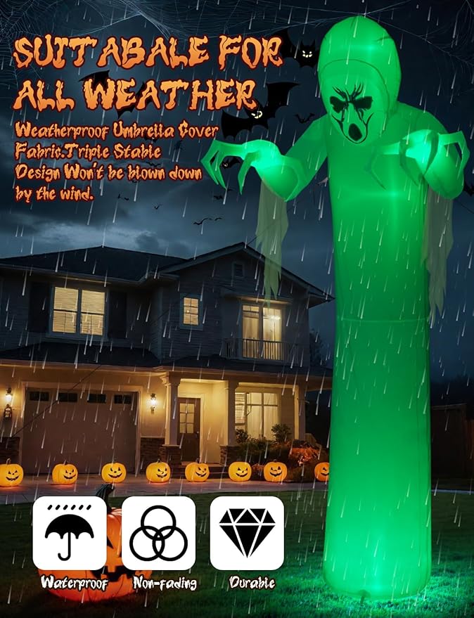 Elegear 12FT Giant Halloween Inflatable with Flowing Gauze, 7-Mode Color Changing RGB Lights, Scary White Ghost Halloween Blow Up Yard Decorations Outdoor for Lawn Garden Porch Party