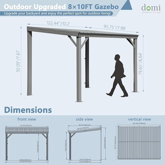 Domi 8’x10’ Wall-Mounted Hardtop Gazebo Pergola – Permanent Lean-to Outdoor Shelter with Sloped Galvanized Steel Roof & Upgraded Drainage – Grey Metal Patio Cover for Backyard, Deck, Garden