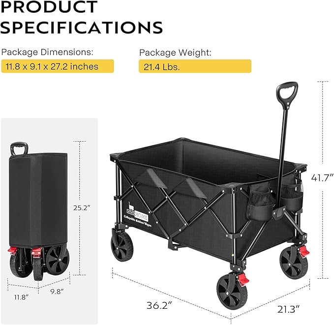 VIVOHOME 200L Collapsible Wagon 300lbs Heavy Duty Folding Utility Garden Cart Foldable Beach Wagons Large Capacity for Camping Picnic - Black