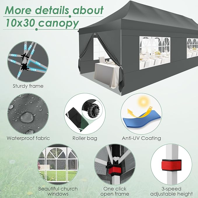 COBIZI 10x30 Pop Up Canopy Party Tents for Parties Waterproof Outdoor Event Shelter with 8 Sidewalls Camping Commercial Wedding Portable Easy to Set up Gazebo Tent for Backyard, Grey