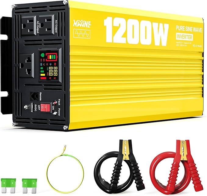XWJNE 1200 Watt Pure Sine Wave Inverter 12V DC to 120V AC 2400W Peak Power with LED Display for RV Car Truck Off-Grid Solar Power