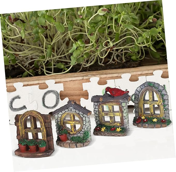 DOITOOL Resin Sculpture, 2 PCS Fairy Garden Door Accessories Miniature Window for Tree, Green with Pink Flower, Indoor/Outdoor Use, Gnome Themed Gift