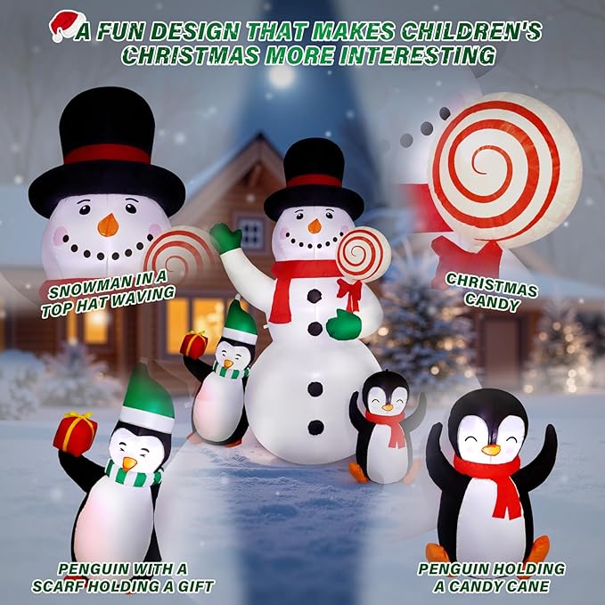 8 FT Christmas Inflatable Decorations,Outdoor Snowman with Penguins Blow Up Decorations, Patio Lawn Xmas Decor with Poweful Blower Built-in Bright LED Lights for Indoor Outdoor,Lawn,New Year Gifts