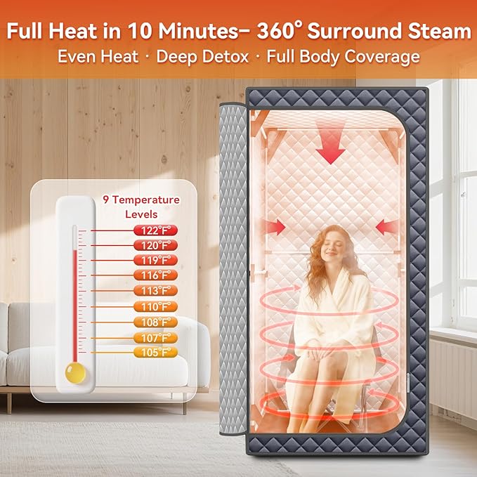 Sauna Box, Upgraded Large Size Portable Sauna for Home Spa with 3L 1300W Steamer, Big Folding Chair, 9 Levels Heat, Timer, Remote Control - Personal Full Body Steam Saunas Room Tent 3' x3' x5.9' Grey