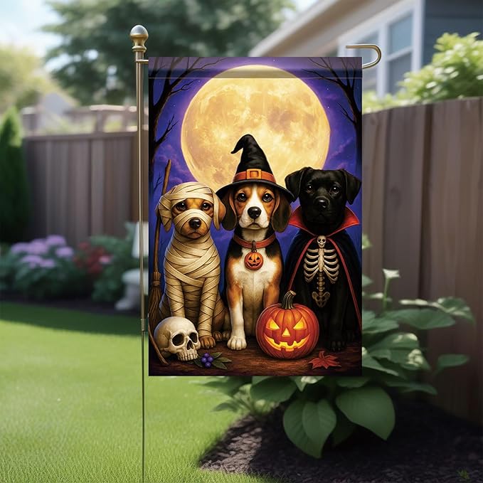 Halloween Fall Garden Flag Dog Costume Flag 12x18 Inch Double-Sided Beagle Labrador Mummy Skeleton Witch Pumpkin Yard Banner Autumn Outdoor Decor Porch Lawn Pathway Dog Lover Gift