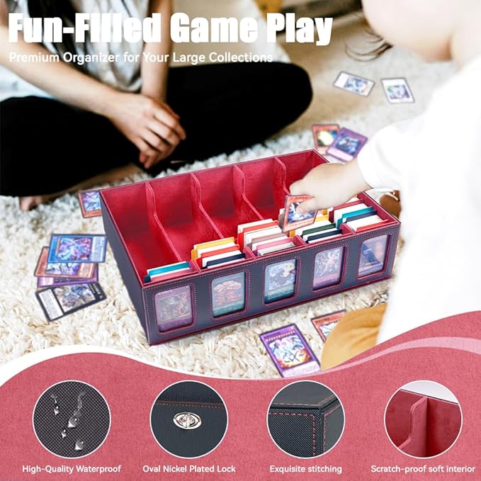 5-Row 3900+ Trading Card Storage Box for MTG, Card Deck Box with Snap-fit Design, 5 Card Sleeves, 10 Stoppers, 80 Dividers and 1 Dice Tray (Black-Red)
