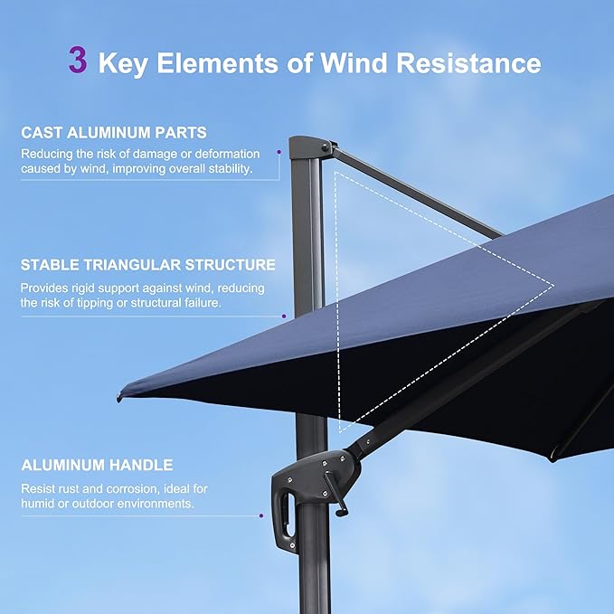 PURPLE LEAF 10FT Cantilever Outdoor Umbrellas Large Patio Umbrella Hanging Double Top Square Offset Umbrella with 360°Rotation Tilting Umbrella Outdoor Patio, Navy Blue
