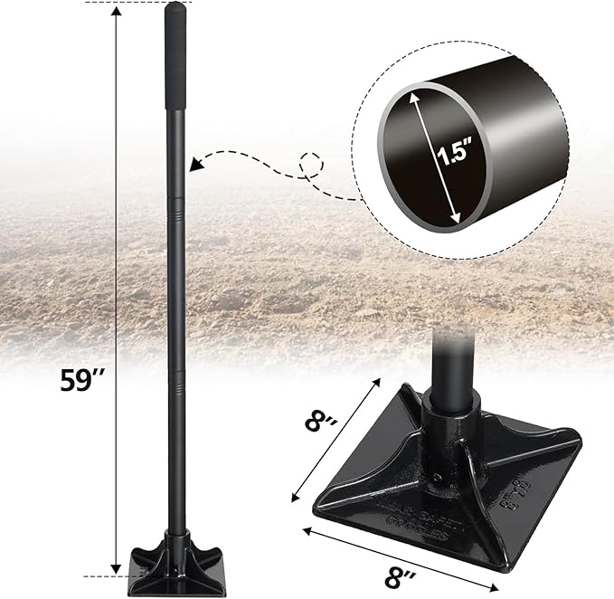 Tamper Tool Heavy Duty, 8x8 Inch Hand Steel Tamper Tool with 59 Inch Handle, Garden Ground Tamper for Leveling Soil, Gravel, Asphalt, Driveway