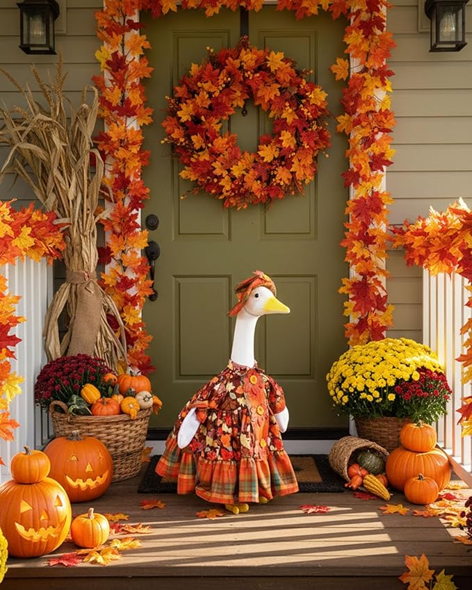 Fall Porch Goose Outfits with Maple Leaf Design, 2 Pcs/Set Lawn Cement Goose Clothes for Thanksgiving Day, 23" Patio Yard Garden Geese Decoration