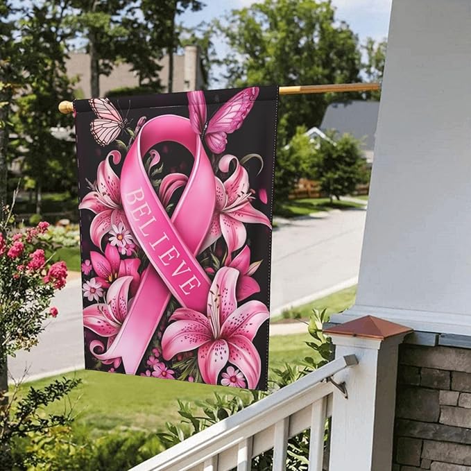 Breast Cancer Garden Flag Vertical Double Sided Outdoor Yard Flags 12.5x18 Inch Burlap Banners for House Lawn