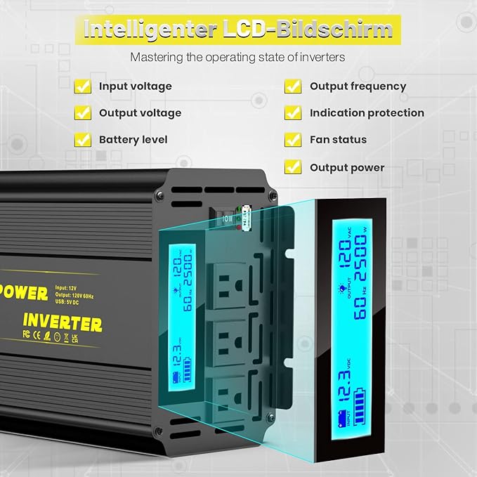 2500 Watt Modified Sine Wave Power Inverter, 12V DC to AC 110V/120V (Peak) 5000W Converter 3 Outlet Car Inverter with Remote Control and LED Display 3.4A USB Port