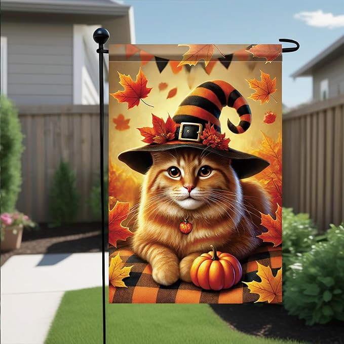 Halloween Fall Garden Flag Orange Cat with Pumpkin Hat Flag 12x18 Inch Double-Sided Autumn Witch Hat Plaid Blanket Yard Banner for Porch Lawn Outdoor Decor Thanksgiving Cat Lovers