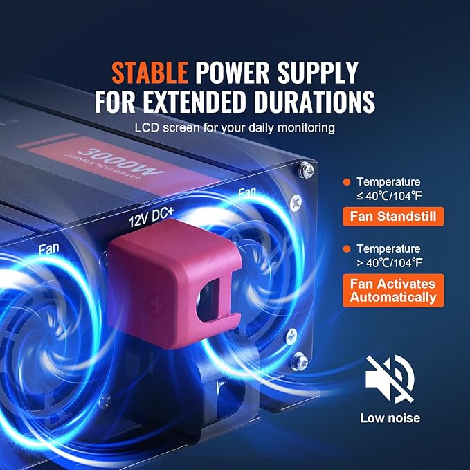 VEVOR Modified Sine Wave Inverter, 3000Watt Power Inverter DC 12V to AC 120V LCD Display with 3 AC Outlets 2 USB Port 1 Type-C Port 10 Spare Fuses, for Large Household Equipment, CE FCC Certified
