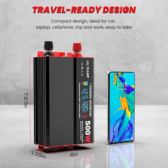 500 Watt Power Inverter 12V DC to 110V/120V AC Inverter with LCD Screen Display, 2 AC Outlets, 36W Type-C Port, 5V/3A USB Port, Car Power Converter for Truck, Home, Vehicles, Laptop, Trip