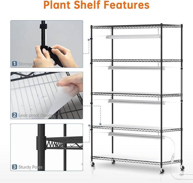 Bstrip Plant Shelf with Grow Lights, 5 Tier Large Tall Plant Stand with 3FT T5 144w Grow Light for Indoor Plants, 3 Mode Full Spectrum LED Plant Light with wheel and Timer for Seedling, 47.2x17.8x71IN