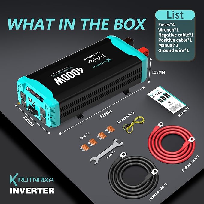 4000W Pure Sine Wave Inverter 12V DC to 120V AC for RV, Truck, Off-Grid, Home, Solar Car Power Inverter with Dual AC Hardwire Port, 20A Socket, 5V 2.1A USB