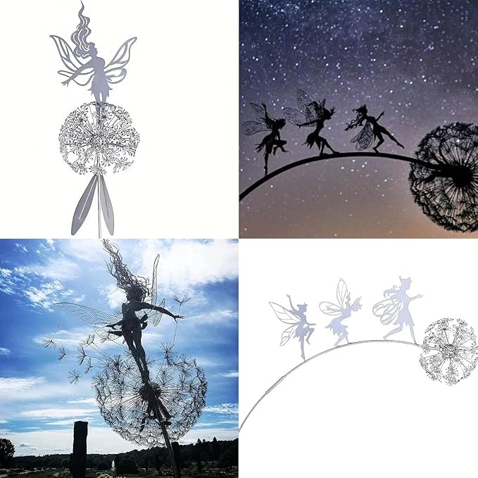 Flower Fairy Dancing with Dandelion, Art Sculpture Fairies for Fairy Garden, Angel Metal Ornaments Gardens Art Sculpture, Outdoor Decorations for The Courtyard, Christmas and Halloween Lawn (A)