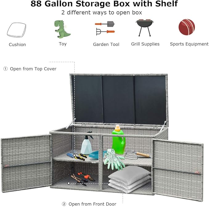 LDAILY Rattan Storage Box, Wicker Storage Box with 2 Shelves, Outdoor Deck Box, Backyard Garden Storage Box with Lid, Rattan Storage Box for Storing Accessories, Tools and Toys - Grey