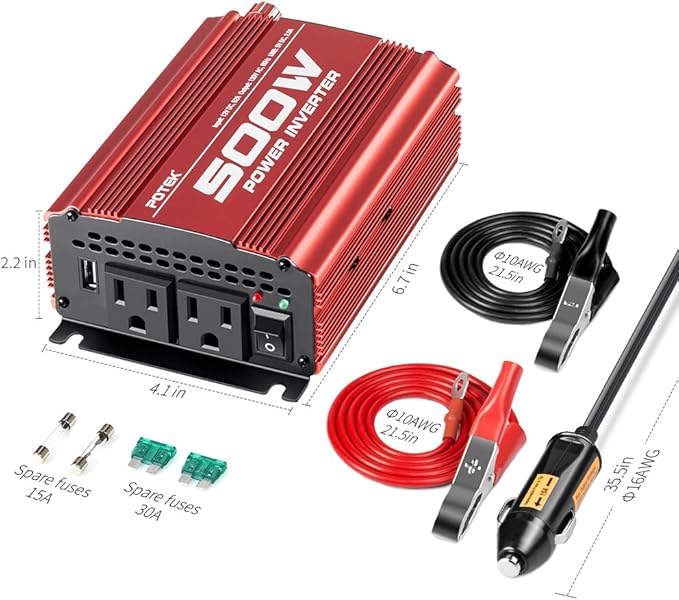 POTEK 500W Car Power Inverter DC 12V to AC 110V with 2AC outlets and 2A USB Port