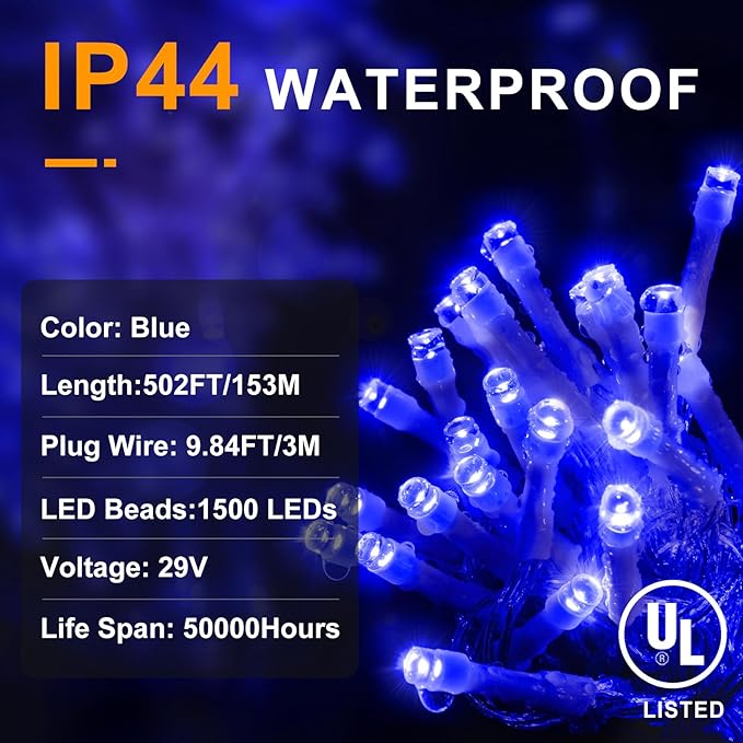 KNONEW 600FT 1500 LED Christmas String Lights Outdoor 8 Lighting Modes & Timer Dimmable Fairy Light Plug in Waterproof for Xmas Roof Yard Tree Wedding Party Holiday Decorations (Blue)