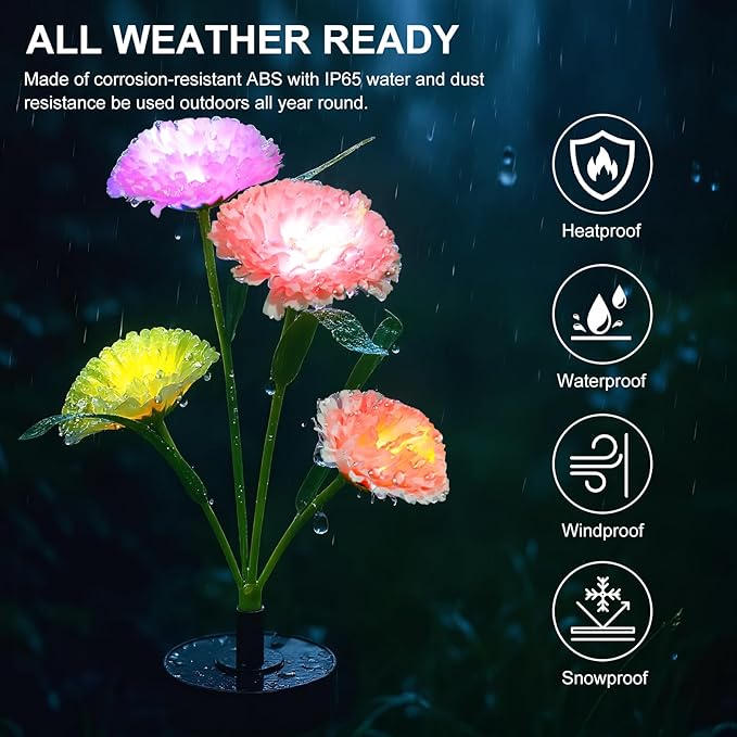 Solar Flowers Lights - Upgraded Outdoor Carnation Flowers Lights, 7-Color Changing & Waterproof Outdoor Solar Lights for Garden, Patio, Backyard,Party and Office (Carnation, 2)