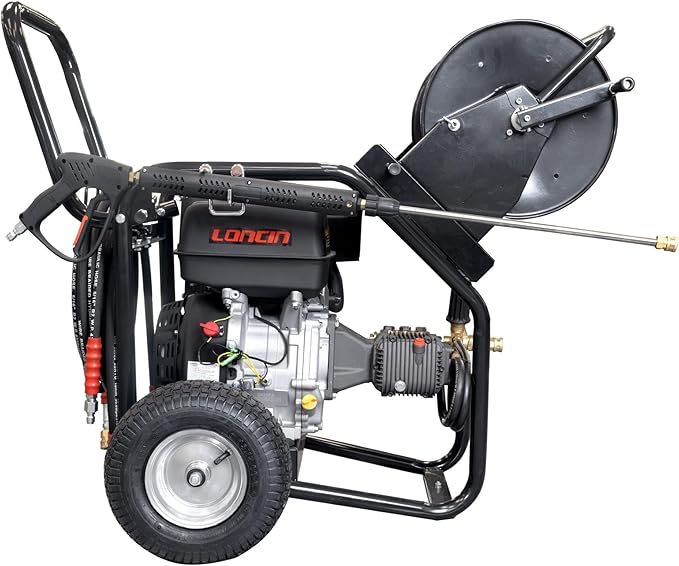 Canpump 2-in-1 Gas Pressure Washer & Sewer Jetter – 3400 PSI, 5.7 GPM, 420cc Loncin Engine – Triplex Pump w/Extended Bypass Unloader – 100 ft Hose Reel, Foot Valve, Spray Gun, Wand, Hose, Nozzles