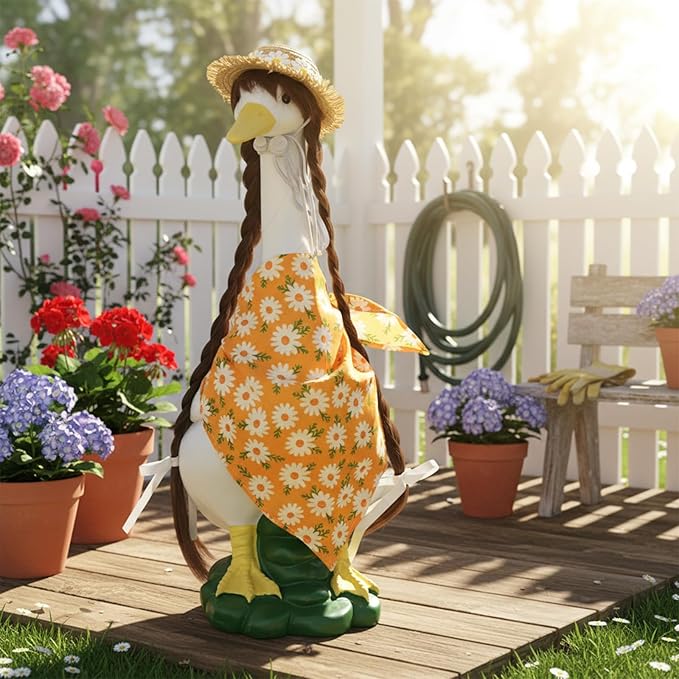 Porch Goose Outfits Statue Decor-20 Large Goose Decrations, Resin Sculpture Wear Yellow Daisy Scarf Clothing, Funny Goose, Big Duck Statue for Yard Lawn Housewarming Birthday Gifts for Mom,Women,Girl
