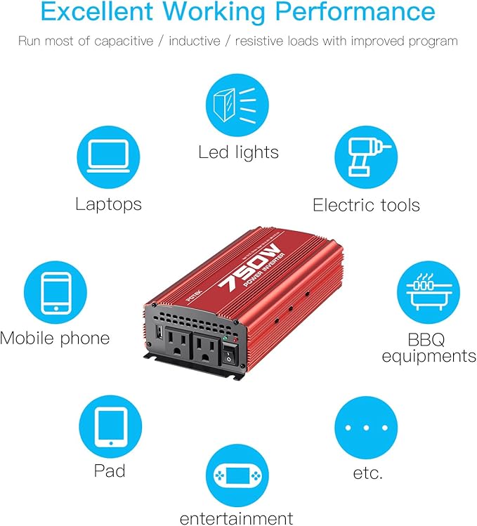 POTEK 750W Power Inverter DC 12V to AC 115V Car Converter with 2A USB Charging Port