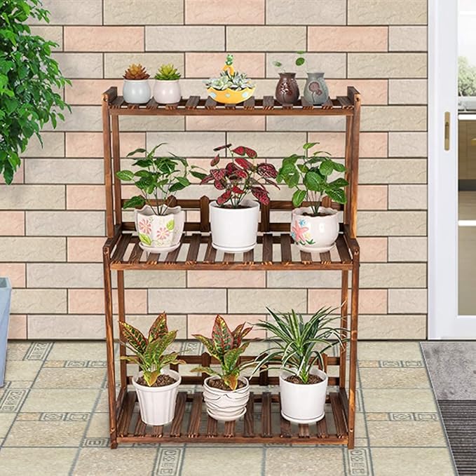 Ufine 3 Tier Wood Plant Stand Vertical Plant Dislay Shelf Indoor Ourdoor Plant Rack, Balcony Living Room, Kitchen, Porch Organizer Plants Holder