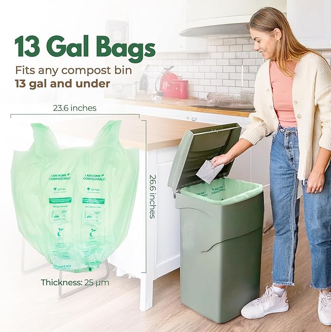 Compost Bags for Countertop Bin -Compostable Trash Bags made of Cornstarch - Leakproof & Tear Resistant Biodegradable Trash Bags - OK Compost Home & Seedlings Certified (13 Gallon, 100 Count)