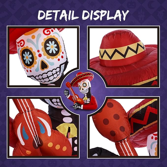 WBHome 4 Ft Halloween Inflatable Outdoor Skull Guitar Decorations, Day of The Dead Blow Up Yard Decor with Built-in LED Light (Plug in) for Lawn Home Dia de Los Muertos Party Indoor Outdoor