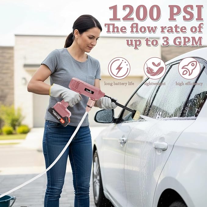 Power Washer,1200 PSI Cordless Pressure Washer with 2×21V Battery&6-in-1 Multi-Function Nozzle,Portable Pressure Washer Suitable for Cleaning Vehicles, patios, Glass, Floors, and Watering Plants