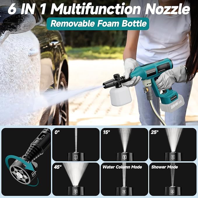 Cordless Power Washer for Makita 18V Battery, Portable Handheld Pressure Washer 700 PSI, with 5M Hose, 6-in-1 Nozzle, 4-Speed Settings, Battery Operated Pressure Washer for Car Floor Fence (Tool Only)
