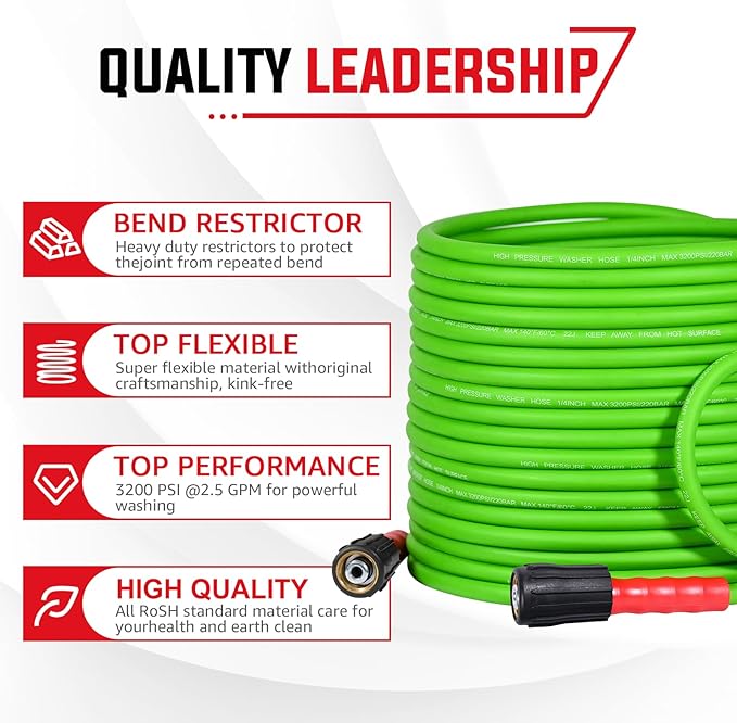 YAMATIC Short Pressure Washer Gun and Hose, 50 FT Flexible Hose with Stubby Power Washer Trigger Handle, 3/8" Swivel Quick Connect & M22-14mm Adapter Replacement for Ryobi Simpson Craftsman (Green)