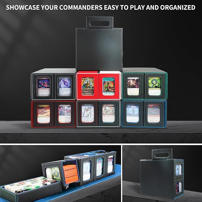AFIING Commander Deck Box for MTG, Holds 400+ Double-Sleeved Cards, 4 Removable Deck Cases with Display Window, Dice Tray/Handle,Trading Card Storage Organizer/Dividers for TCG (Black Cyan)